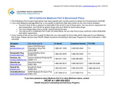 Copyright 2012 California Health Advocates, cahealthadvocates.org (Rev[removed] California Medicare Part D Benchmark Plans  The 6 Medicare Part D plans listed below have basic benefits with monthly premiums be