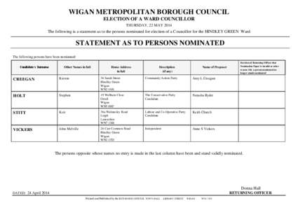 WIGAN METROPOLITAN BOROUGH COUNCIL ELECTION OF A WARD COUNCILLOR THURSDAY, 22 MAY 2014 The following is a statement as to the persons nominated for election of a Councillor for the HINDLEY GREEN Ward