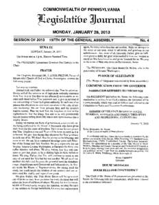 COMMONWEALTH OF PENNSYLVANIA  firizIahbi Tijountal MONDAY, JANUARY 28, 2013 SESSION OF 2013 197TH OF THE GENERAL ASSEMBLY SENATE