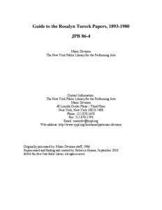 Guide to the Rosalyn Tureck Papers, [removed]JPB 86-4 Music Division