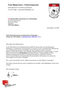 Franz Wassermann – Fraktionssprecher Anton-Bruckner-Str. 9, 55576 Sprendlingen Tel.: [removed] – eMail: [removed] SPD-Fraktion Sprendlingen – Anton-Bruckner-Str. 9 – 55576 Sprendlingen