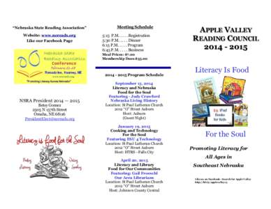 “Nebraska State Reading Association” Website: www.nereads.org Like our Facebook Page Meeting Schedule 5:15 P.M[removed]Registration