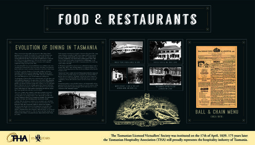 food & restau r a n ts EVOLUTION OF DINING IN TASMANIA When Tasmania’s first legal public house opened in 1804, Hobart Town’s population was 261 people, 195 of which were convicts. By 1818 there were twelve licensed 
