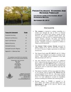 Focus Colorado: Economic And Revenue Forecast Colorado Legislative Council Staff Economics Section September 20, 2013