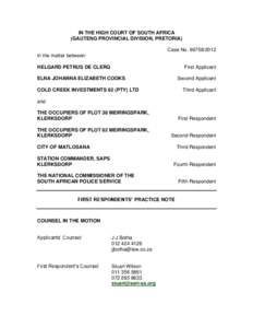 IN THE HIGH COURT OF SOUTH AFRICA (GAUTENG PROVINCIAL DIVISION, PRETORIA) Case NoIn the matter between: HELGARD PETRUS DE CLERQ