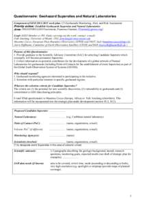 Questionnaire: Geohazard Supersites and Natural Laboratories Component of GEO[removed]work plan: C2 Geohazards Monitoring, Alert, and Risk Assessment Priority action: Establish Geohazards Supersites and Natural Laborat