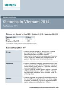 Siemens worldwide  Siemens in Vietnam 2014 As of JanuarySiemens key figures* in fiscalOctober 1, 2013 – September 30, 2014)