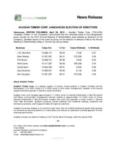 News Release ACADIAN TIMBER CORP. ANNOUNCES ELECTION OF DIRECTORS Vancouver, BRITISH COLUMBIA, April 29, 2015 – Acadian Timber Corp. (TSX:ADN) (“Acadian Timber” or the “Company”) announced that the nominees lis