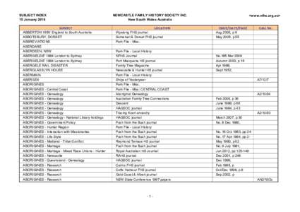 SUBJECT INDEX 15 January 2016 NEWCASTLE FAMILY HISTORY SOCIETY INC. New South Wales Australia