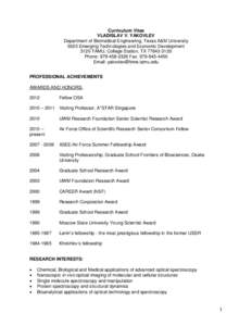 Curriculum Vitae VLADISLAV V. YAKOVLEV Department of Biomedical Engineering, Texas A&M University 5025 Emerging Technologies and Economic Development 3120 TAMU, College Station, TX[removed]Phone: [removed]Fax: 979