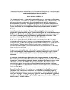 MEMORANDUM FROM THE EMORY COLLEGE HUMANITIES COUNCIL REGARDING THE EVALUATION OF DIGITAL SCHOLARSHIP ADOPTED NOVEMBER 2013