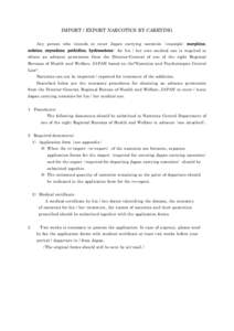 IMPORT / EXPORT NARCOTICS BY CARRYING Any person who intends to enter Japan carrying narcotics (example: morphine, codeine, oxycodone, pethidine, hydrocodone) for his / her own medical use is required to obtain an advanc