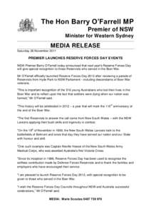 The Hon Barry O’Farrell MP Premier of NSW Minister for Western Sydney MEDIA RELEASE Saturday 26 November 2011