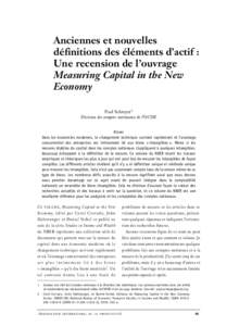Anciennes et nouvelles définitions des éléments d’actif : Une recension de l’ouvrage Measuring Capital in the New Economy Paul Schreyer1