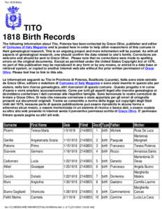 Tito 1818 Births  TITO 1818 Birth Records The following information about Tito, Potenza has been extracted by Grace Olivo, publisher and editor of Comunes of Italy Magazine and is posted here in order to help other resea