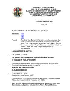 STATEMENT OF PROCEEDINGS FOR THE SPECIAL MEETING OF THE BLUE RIBBON COMMISSION ON CHILD PROTECTION KENNETH HAHN HALL OF ADMINISTRATION 500 WEST TEMPLE STREET, ROOM 381B LOS ANGELES, CALIFORNIA 90012