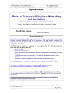 Science Master Course Application Nice Sophia Antipolis University (France) (For official use only) Candidate number: