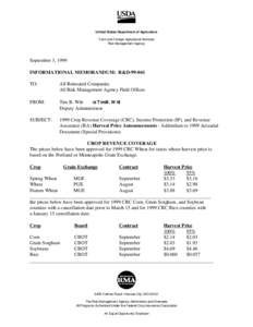 United States Department of Agriculture Farm and Foreign Agricultural Services Risk Management Agency September 3, 1999 INFORMATIONAL MEMORANDUM: R&D[removed]