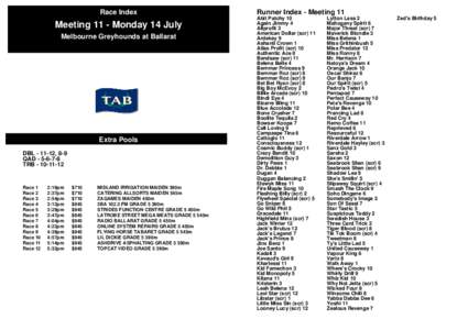 Race Index  Meeting 11 - Monday 14 July Melbourne Greyhounds at Ballarat  Extra Pools