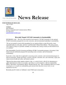 News Release FOR IMMEDIATE RELEASE: Aug. 6, 2015 Contact: Phil Pitchford Intergovernmental and Communications Officer