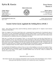 Sylvia R. Garcia  Texas Senate District 6 PRESS RELEASE