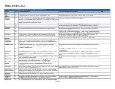 PRISMA-E 2012 Checklist Checklist of Items for Reporting Equity-Focused Systematic Reviews Section Title Title Abstract