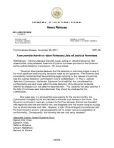 DEPARTMENT OF THE ATTORNEY GENERAL  News Release NEIL ABERCROMBIE GOVERNOR _________________________________________________________________________________________________________
