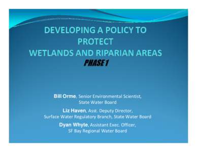 Bill Orme, Senior Environmental Scientist, State Water Board Liz Haven, Asst. Deputy Director, Surface Water Regulatory Branch, State Water Board Dyan Whyte, Assistant Exec. Officer, SF Bay Regional Water Board