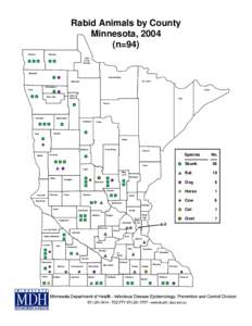 Rabid Animals by County Minnesota, 2004 (n=94) Kittson  Roseau