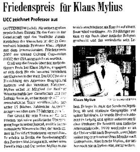 Friedenspreis für Klaus Mylius UCC zeichnet Professor aus GOTTENHEIM (schä). Für seinen großen