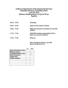 California Department of Developmental Services, Disability Advisory Committee June 2012 Meeting Agenda