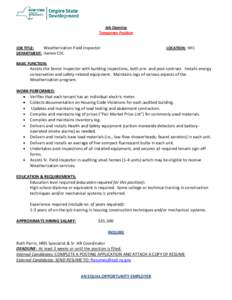Job Opening Temporary Position JOB TITLE: Weatherization Field Inspector DEPARTMENT: Harlem CDC