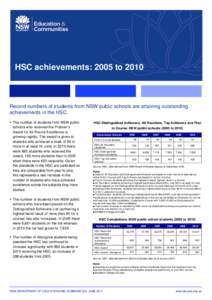 HSC achievements: 2005 to[removed]Record numbers of students from NSW public schools are attaining outstanding achievements in the HSC.  The number of students from NSW public schools who received the Premier’s