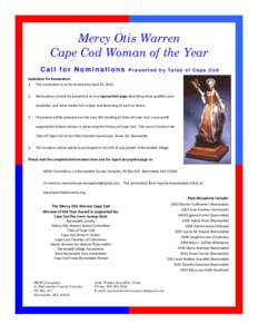 Mercy Otis Warren Cape Cod Woman of the Year Call for Nominations Presented by Tales of Cape Cod