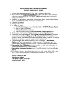 SPED GRANTS AND DATA MANAGEMENT BUDGET AMENDMENT GUIDE 1) Amendments are accepted at any time after a budget is submitted.. 2) Pull and attach the Cognos Budget Report before and after budget changes have been made in AP