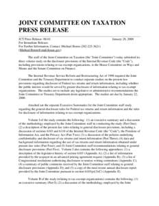 JOINT COMMITTEE ON TAXATION PRESS RELEASE ______________________________________________________________________________ JCT Press Release: 00-01 January 28, 2000 For Immediate Release: