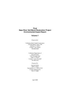 Final Napa River Salt Marsh Restoration Project Environmental Impact Report Volume 1 Prepared for: California State Coastal Conservancy