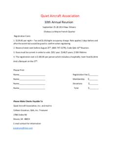 Quiet Aircraft Association 10th Annual Reunion September[removed]New Orleans Chateau Le Moyne French Quarter Registration Form: 1. $[removed]per night + Tax and $1.00/night occupancy charge. Rate applies 2 days before a