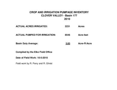 CROP AND IRRIGATION PUMPAGE INVENTORY CLOVER VALLEY - BasinACTUAL ACRES IRRIGATED:  2231