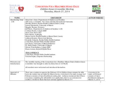 CONSORTIUM FOR A HEALTHIER MIAMI-DADE Children Issues Committee Meeting Thursday, March 27, 2014 TOPIC Membership Total (19)