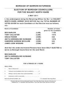 Barrow-in-Furness / Walney Island / Hindpool / Returning officer / Walney North / Walney South / Barrow-in-Furness Council election / Cumbria / Counties of England / Furness