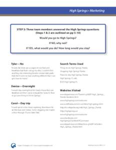 High Springs • Marketing  STEP 3: Three team members answered the High Springs questions (Steps 1 & 2 are outlined on pp 5–10) Would you go to High Springs? If NO, why not?