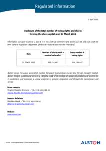 Regulated information 3 April 2015 Disclosure of the total number of voting rights and shares forming the share capital as at 31 March 2015 Information pursuant to article LII of the Code de commerce and articles