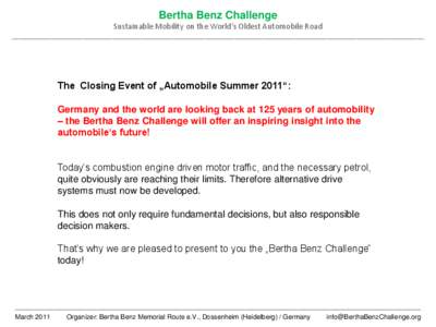 Bertha Benz Challenge Sustainable Mobility on the World‘s Oldest Automobile Road _______________________________________________________________________________________________________________ The Closing Event of „A