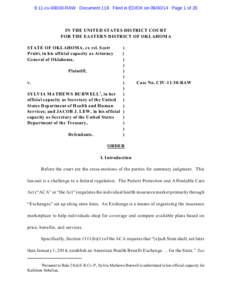 6:11-cv[removed]RAW Document 118 Filed in ED/OK on[removed]Page 1 of 20  IN THE UNITED STATES DISTRICT COURT FOR THE EASTERN DISTRICT OF OKLAHOMA STATE OF OKLAHOMA, ex rel. Scott Pruitt, in his official capacity as Attorn