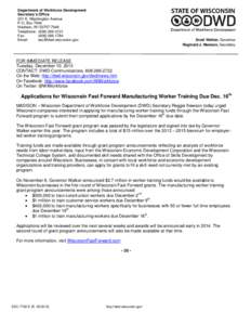 Applications for Wisconsin Fast Forward Manufacturing Worker Training Due Dec. 16th