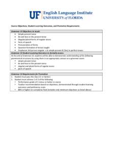 Course Objectives, Student Learning Outcomes, and Promotion Requirements Grammar 10 Objectives to teach:  Simple present tense  Be and have in the present tense  Singular/plural forms of regular nouns  Parts 