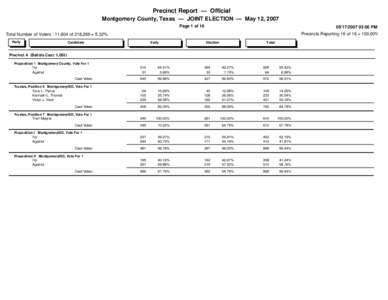 Precinct Report — Official Montgomery County, Texas — JOINT ELECTION — May 12, 2007 Page 1 of:00 PM