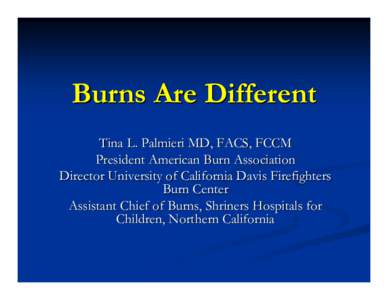 Burns Are Different Tina L. Palmieri MD, FACS, FCCM President American Burn Association Director University of California Davis Firefighters Burn Center Assistant Chief of Burns, Shriners Hospitals for