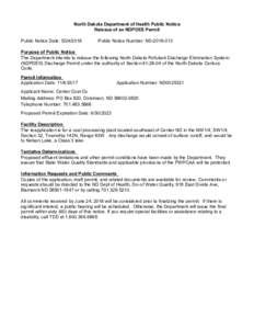 North Dakota Department of Health Public Notice Reissue of an NDPDES Permit Public Notice Date: Public Notice Number: ND